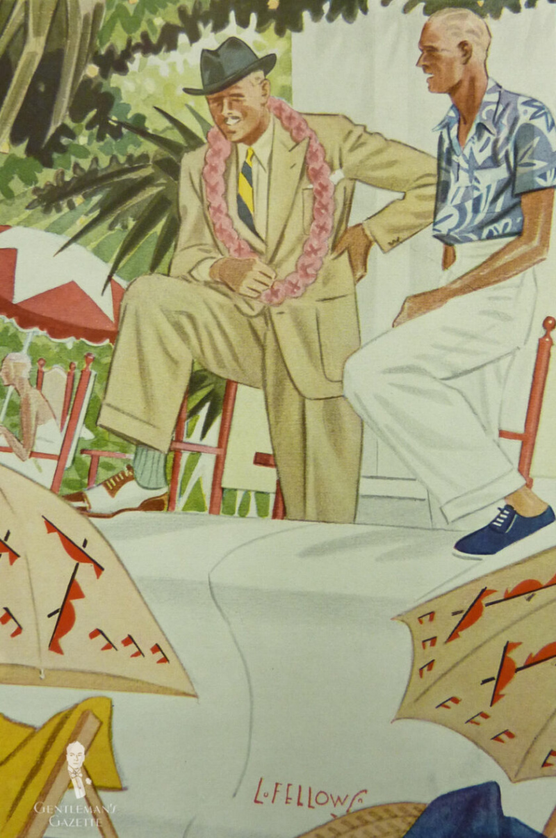 Dois homens em trajes de verão dos anos 1930, um usando sapatos de lona