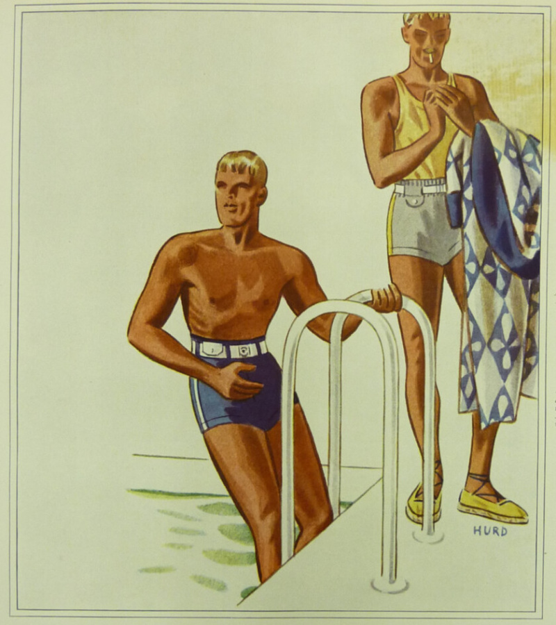 Модна илустрација из 1930-их која приказује два мушкарца на базену, од којих један носи еспадриле