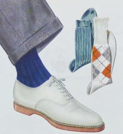 Um anúncio da década de 1930 vendendo meias azuis, azul-petróleo e brancas