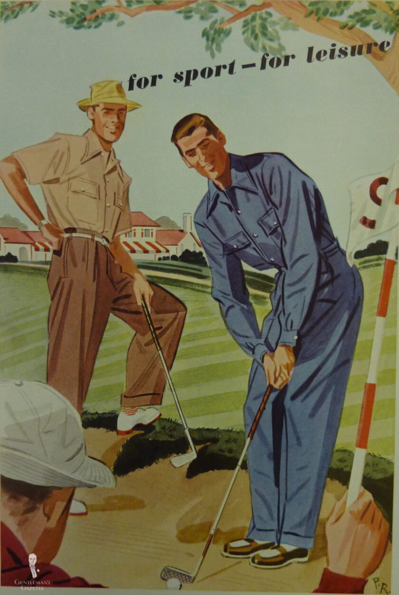 Anúncio da década de 1930 mostrando três homens jogando golfe usando sapatos de golfe