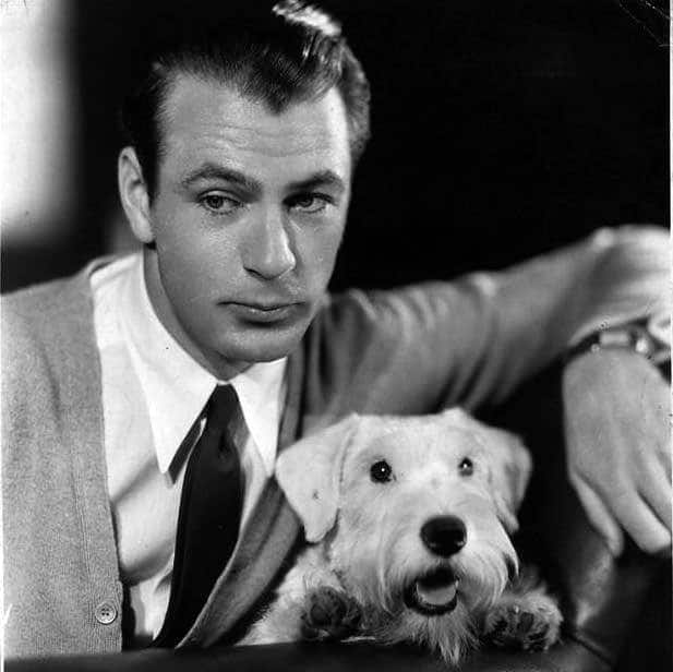 Gary Cooper e um cachorro vestindo um cardigã e camisa branca de botão e gravata