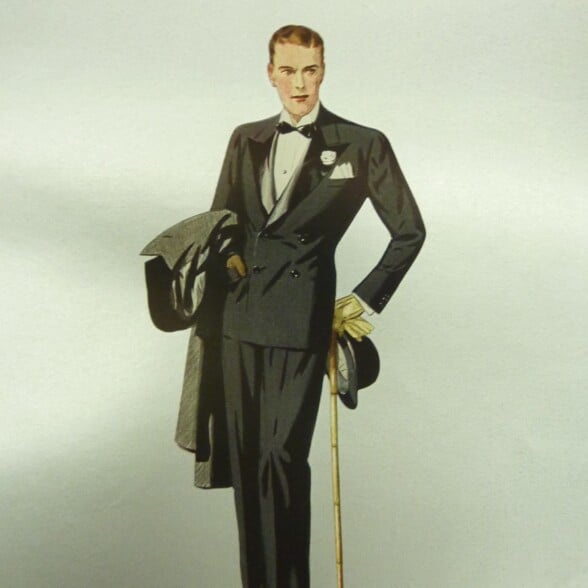 Uma ilustração de um homem em um conjunto Black Tie com uma bengala