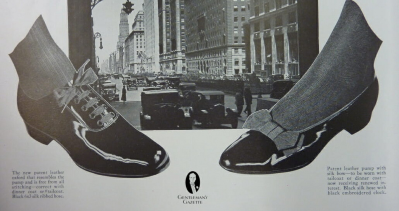 Oxfords de couro envernizado vintage da década de 1930 com cadarços e saltos de sapatos de noite ou sapatos de corte com abertura na gáspea de corte profundo e laço de seda