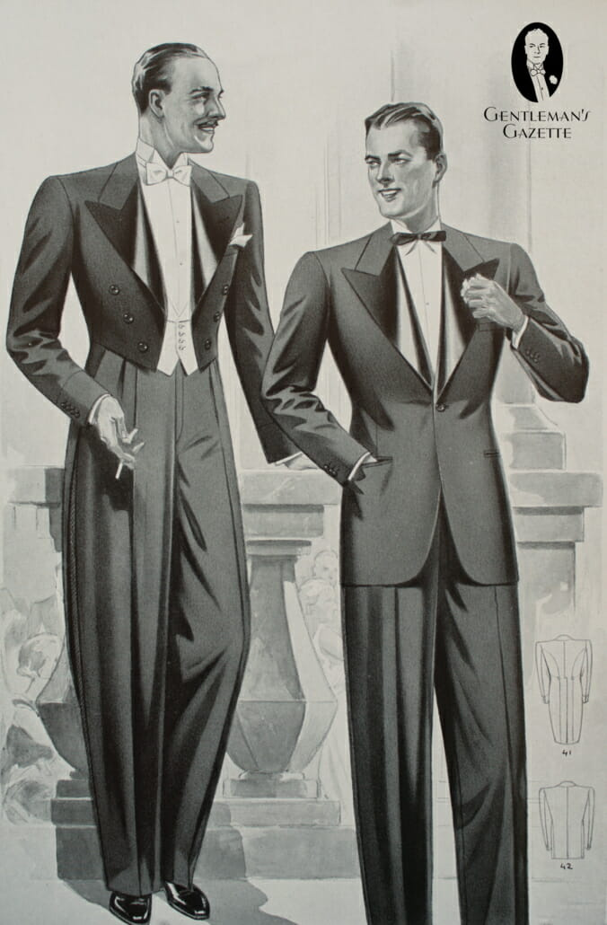 Léto 1938 - typické bílé a černé kravatové komplety s plným střihem, širokými klopami, přehozem a vycpávkami na ramenou