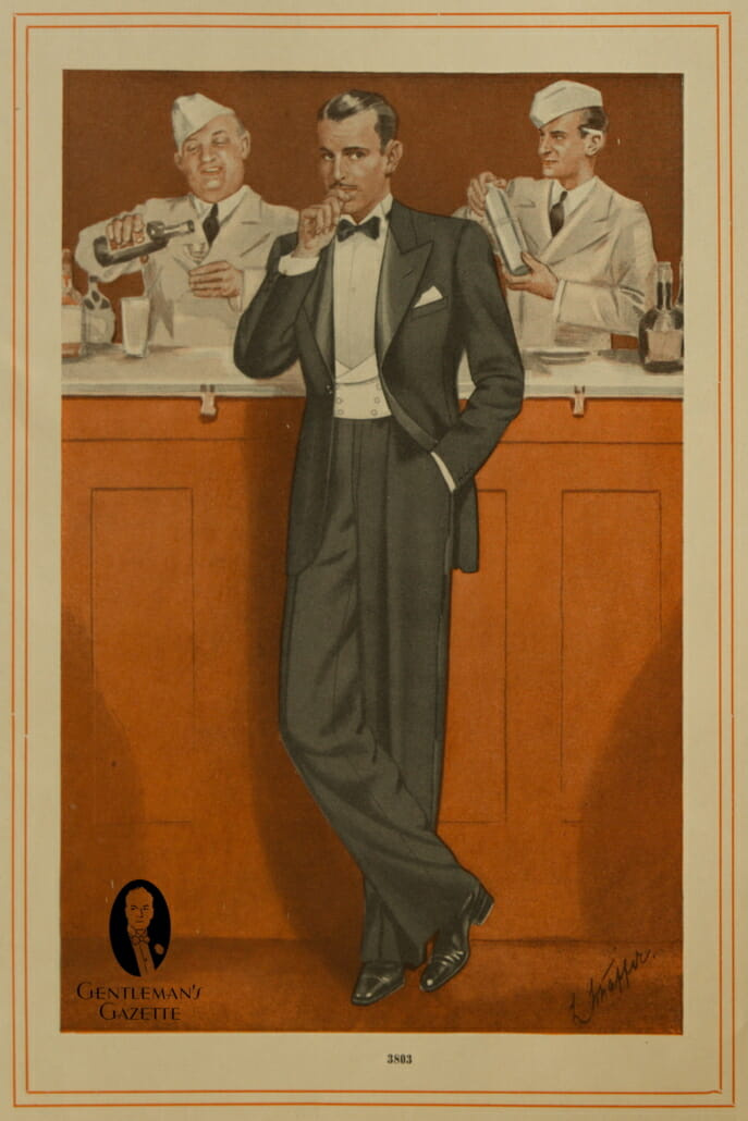 Black Tie komplet iz 1930-ih s utjecajima bijele kravate na košulju, ovratnik i prsluk - obratite pozornost na 3 gumba na manžetama i cipele s kaptoeima