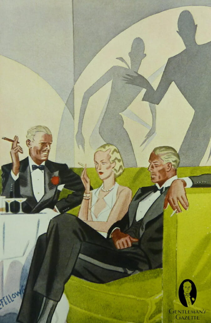 Black Tie descontraído dos anos 1930 mesmo com colete preto, gola de asa e lapela como visto por Laurence Fellows