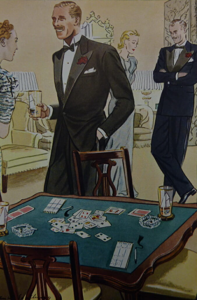 US novembre 1938 - Cravate noire formelle avec col cassé à gauche, semi formelle en smoking DB bleu nuit et col rabattu à droite par Leslie Saalburg