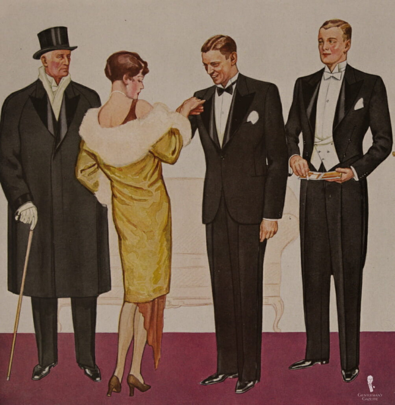 Večerní kabát, černá kravata a bílá kravata v Německu podzim 1929 – všimněte si špičatého zapínání vesty DB a vysokých odnímatelných límců na křídlech