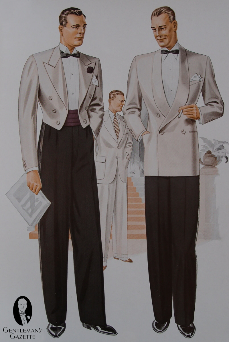 Mess Dress Jacket avec cummerbund bordeaux sur la gauche et veste de soirée DB blanc chaud chaud sur la droite - Londres UK 1938