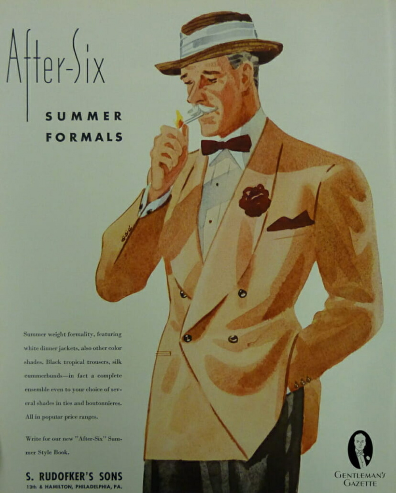After Six anúncio da década de 1930 mostrando uma jaqueta DB com gola xale DB buff com chapéu de palha, lapela vermelha, lenço de bolso e gravata borboleta