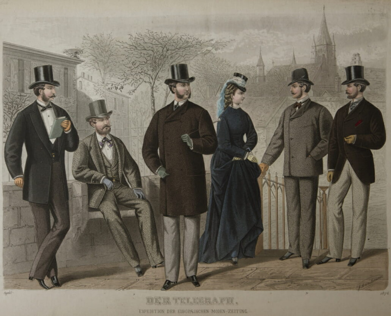 Nákrčník v dubnu 1874 – všimněte si pána vlevo v černé kravatě s kratším sakem a cylindrem – velmi podobný kazajce, kterou jsme poznali v 80. letech 19. století