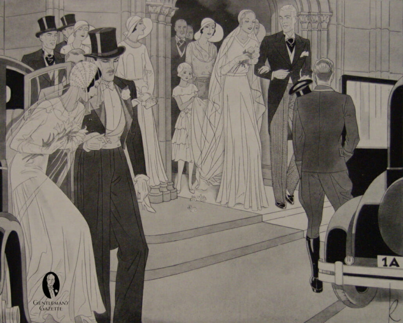 Allemagne 1930 - La fête de mariage du soir arrive en cravate blanche tandis que la soirée officielle du matin s