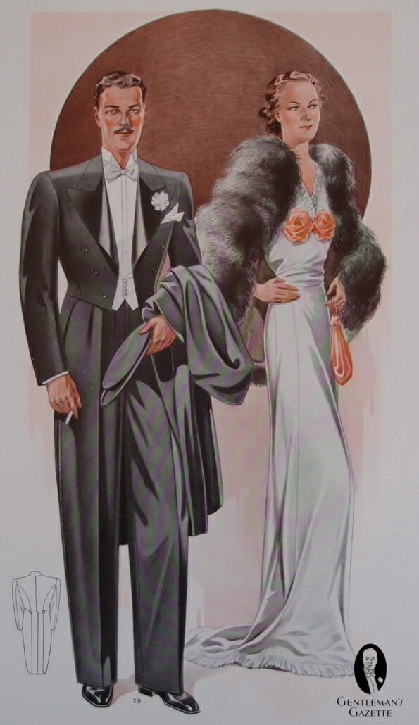Roupa de gravata branca para casamento à noite de inverno de 1938. JPG