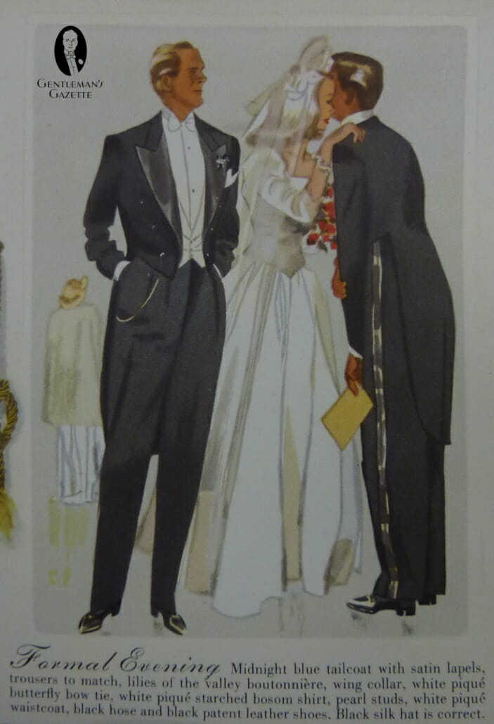 Casamento à noite formal dos anos 30 com fraque azul meia-noite - observe o chaveiro