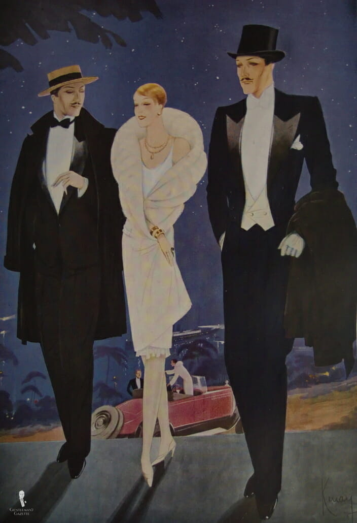 Vestido de noite vintage gravata preta e gravata branca com sobretudos de noite 1920