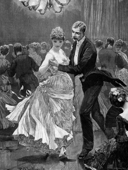 ilustração de um casal da era vitoriana dançando em um baile