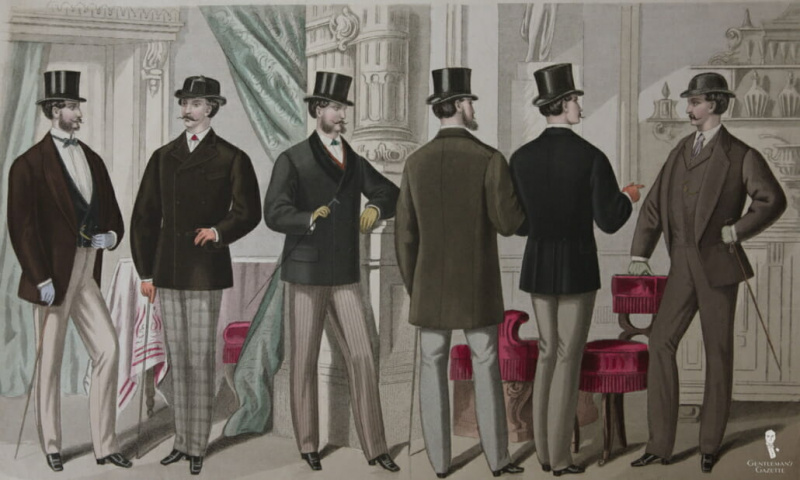 Manteaux courts tous coupés dans une silhouette de manteau de corps en 1871 - notez le choix du chapeau haut de forme avec un manteau court
