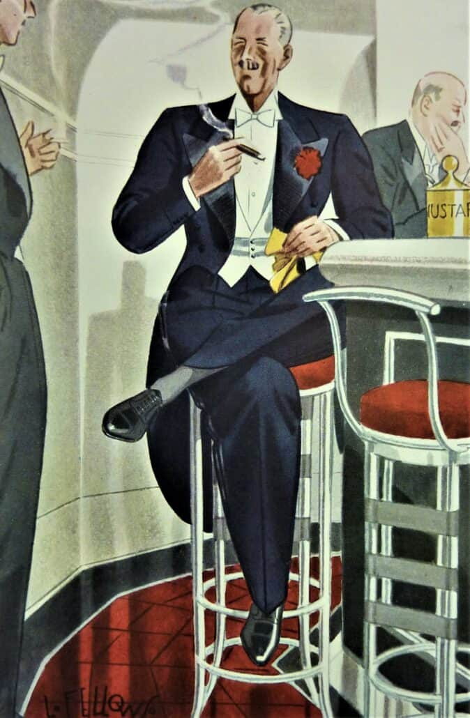 1930 Fashion Illustration par Laurence Fellows représentant une tenue de cravate blanche classique