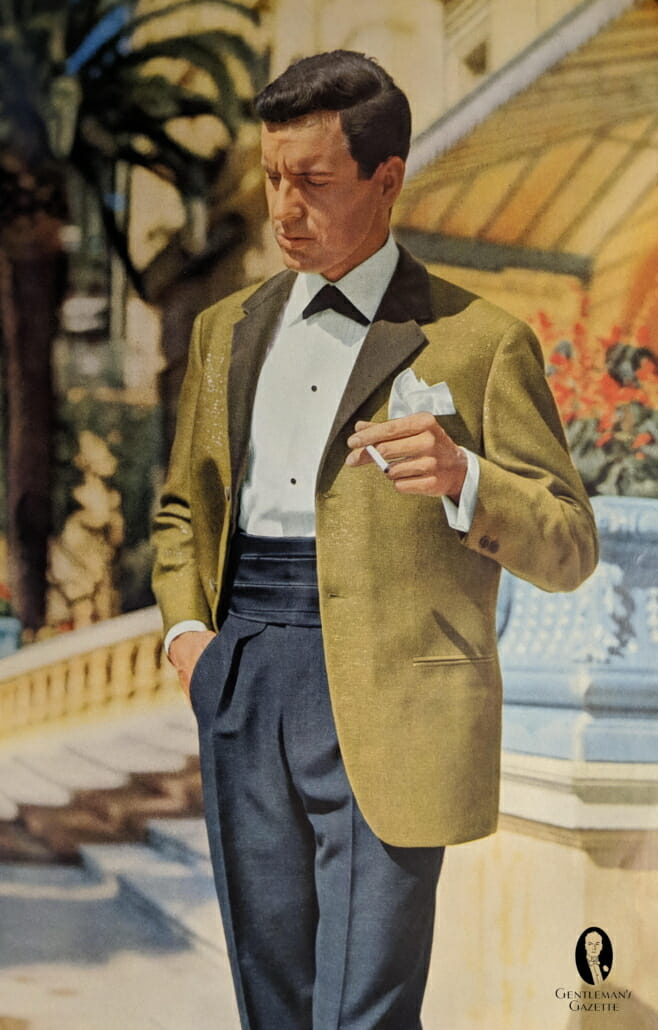 Večernja jakna Chartreuse kasnih 1960-ih s kontinentalnom kravatom, pojasom i nitnama