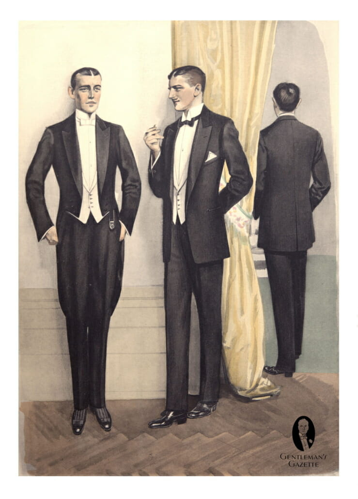 Sobretudo de noite, gravata preta e gravata branca na Alemanha, outono de 1929 - observe o fechamento do colete DB pontiagudo e as golas altas destacáveis
