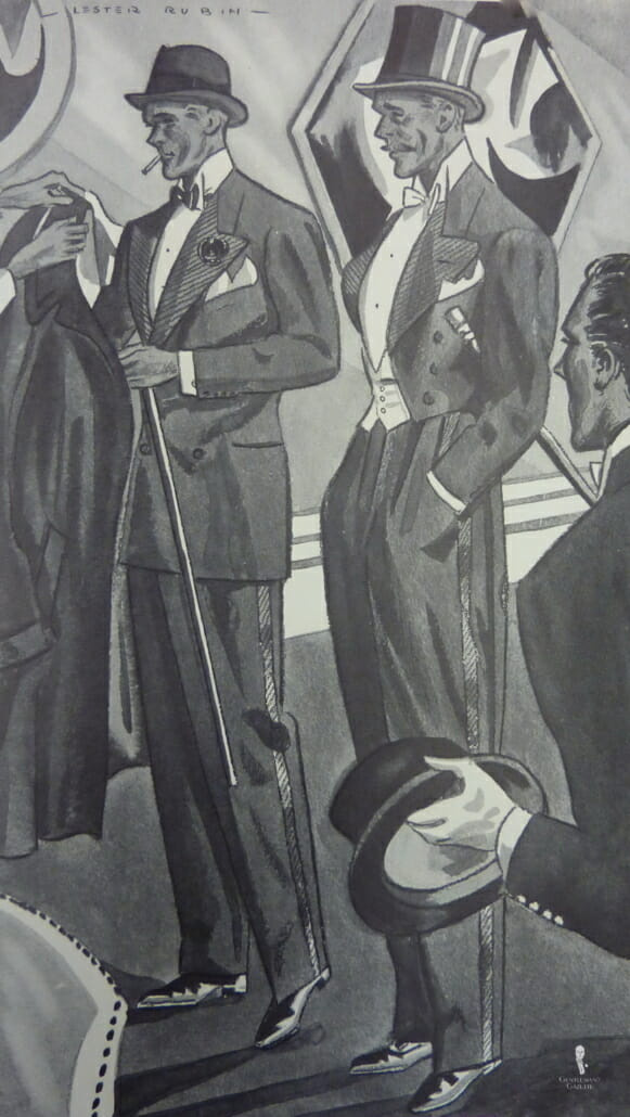 Gravata preta da década de 1930 com chapéu Homburg, gravata branca com nota de cartola, ambas têm bengalas, listra sinle galon e revestimentos de lapela de seda gorgorão