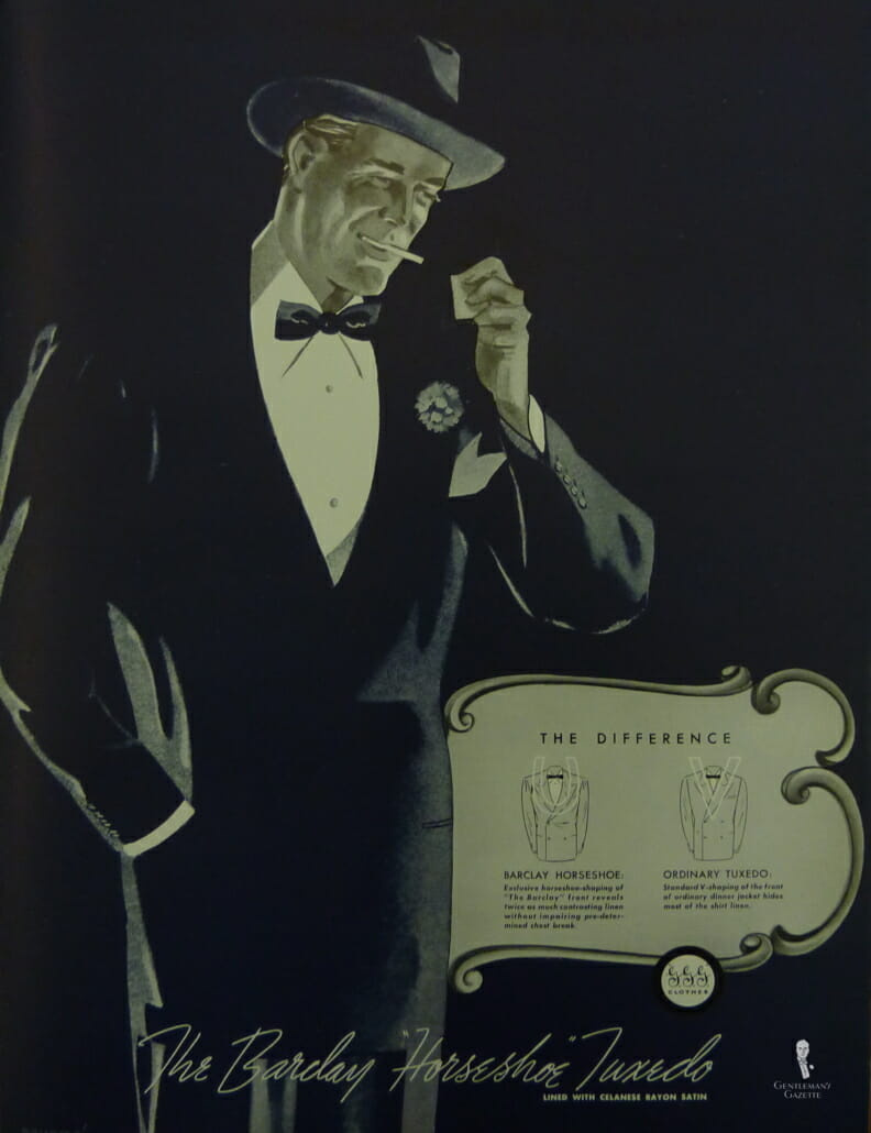 Annonce des années 1930 pour Barclays Horseshoe Tuxedo porté avec un chapeau Homburg