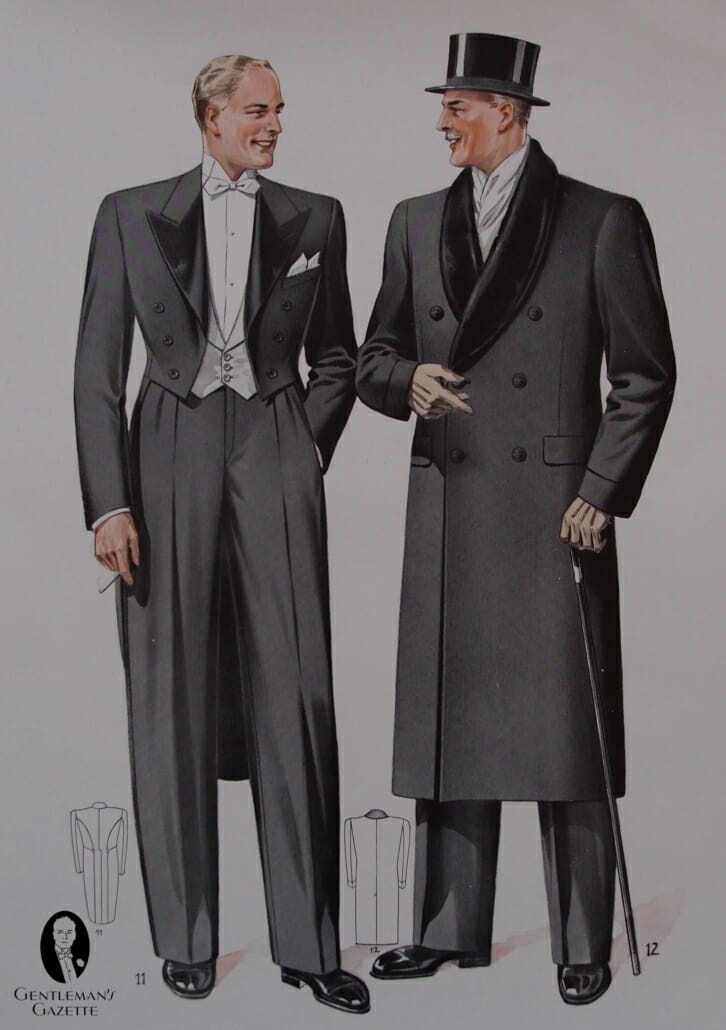 Cravate blanche hiver 1940 avec pardessus DB col châle, canne, gants et chapeau haut de forme.JPG