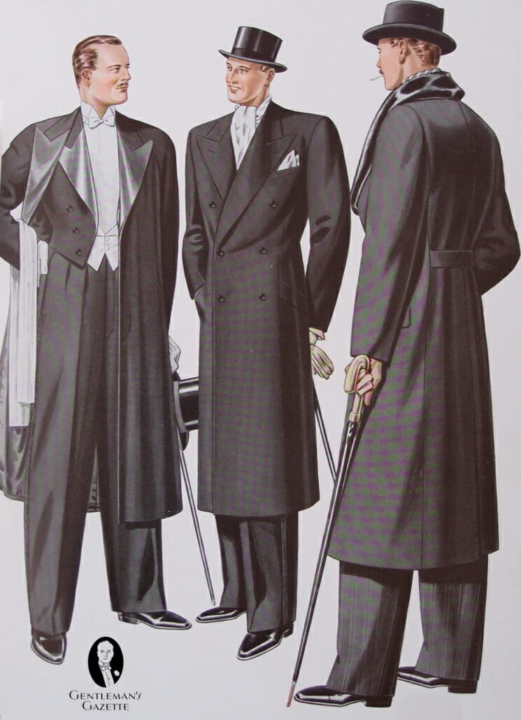 Muži ve večerním oblečení s pláštěm, klobouky a holemi