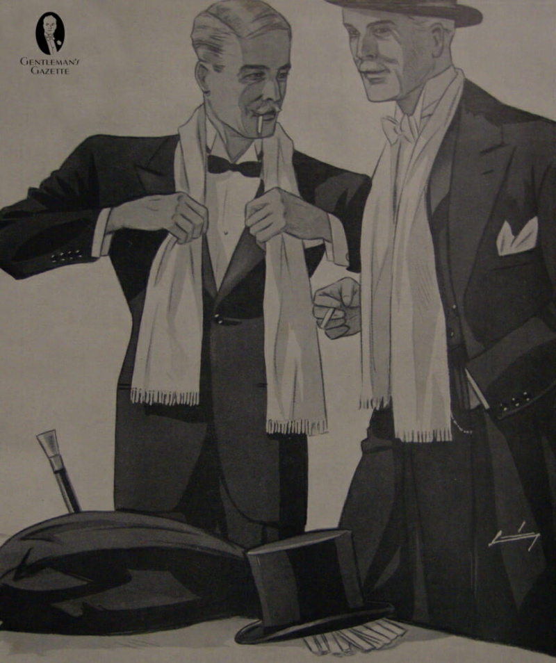 Německo 30. let 20. století – Bílé večerní hedvábné šátky alias tlumiče nebo reefers jsou standardem pro černé a bílé kravatové soubory