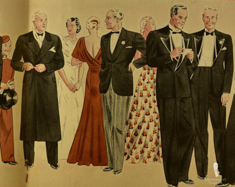 Une illustration de mode des années 1930 dans laquelle plusieurs hommes portent des ensembles Black Tie