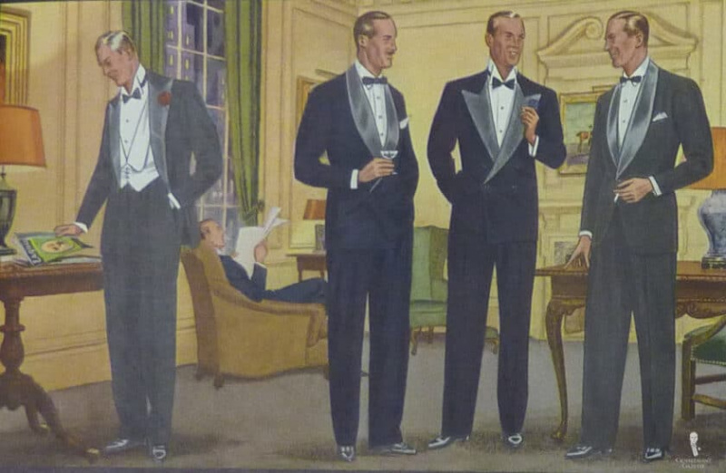 Vier mannen die verschillende stijlen Black Tie-ensembles dragen