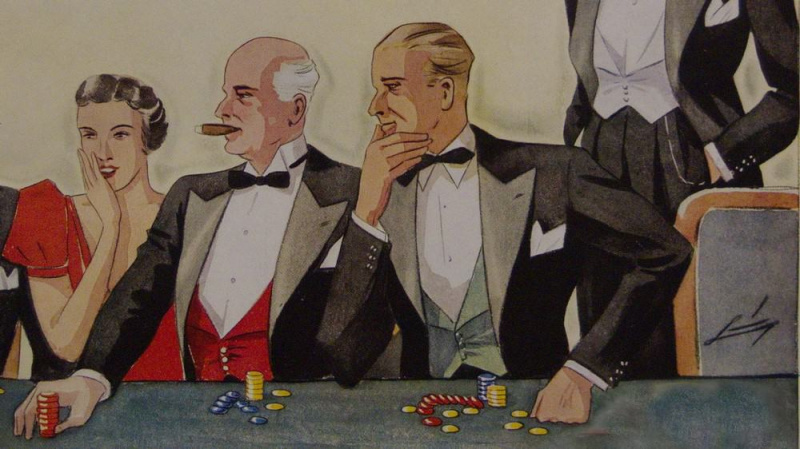 Uma mulher de vestido vermelho em uma mesa de jogo com três cavalheiros em conjuntos de gravata preta