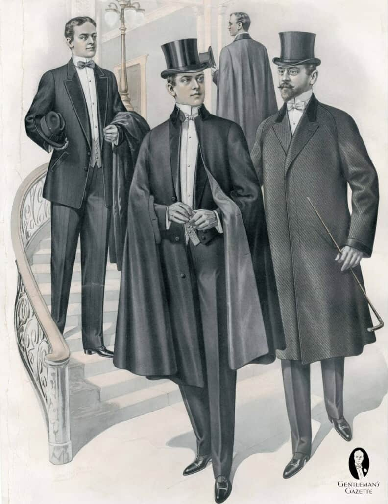 Peleríny byly dobrou alternativou k raglánovému večernímu kabátu - Všimněte si pruhovaného smokingu se šikmými kapsami na levé straně