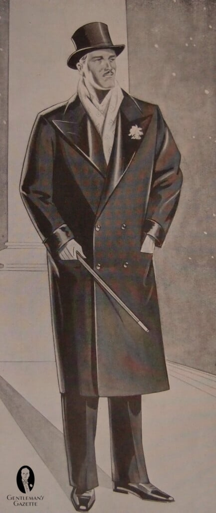 Pardessus de soirée allemand à double boutonnage avec revers en pointe en soie et option boutonnière -1929