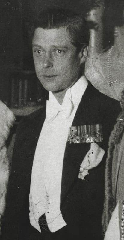 Mladý princ z Walesu na sobě bílou kravatu s ozdobami a řetízkem u vesty – všimněte si vysokého křídelního límce