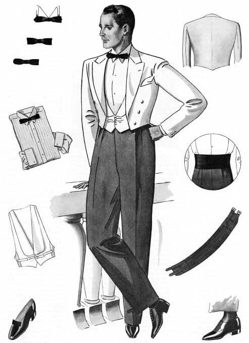 Accessoires de veste de mess de 1933. la ceinture de smoking et la chemise souple remplaceront bientôt le gilet formel et la chemise bouillie.