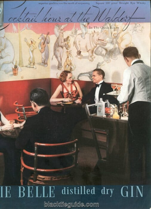 Tato reklama z roku 1934 zobrazující koktejlovou hodinu ve Waldorfu ukazuje popularitu bund jako uniformy pohostinského průmyslu.