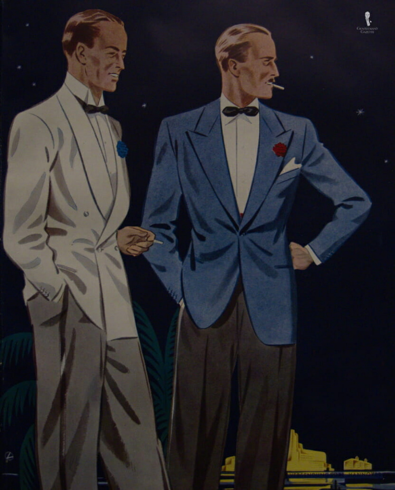 Njemačka 1938. - Šarene večernje jakne za toplo vrijeme u bijeloj i plavoj boji s crvenim i plavim gumbićima
