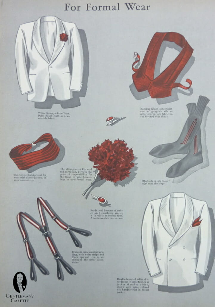 1934. Crvena u svečanoj odjeći postaje sve popularnija, posebno s bijelim večernjim sakoima