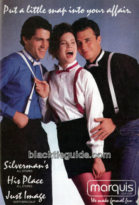Reklama Marquis z roku 1987 zobrazující drobné motýlky s košilemi, podvazky a džíny