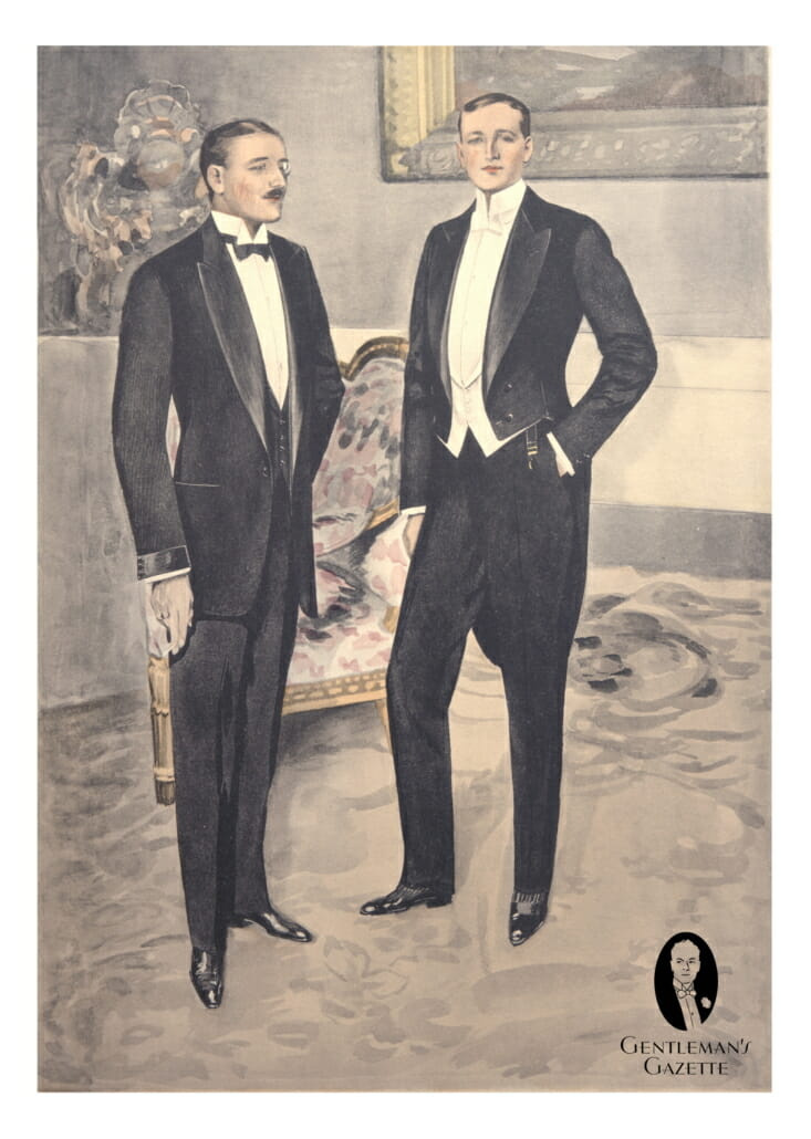 Completo di cravatta nera del 1920 con polsini con maniche e colletto rigido ad ala, cravatta bianca con orologio, calzini a righe, décolleté e colletto alto con ala
