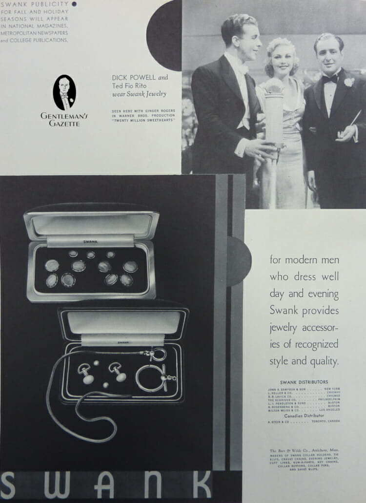 Anúncio da Swank dos anos 30 para conjuntos de vestidos completos com chaveiro