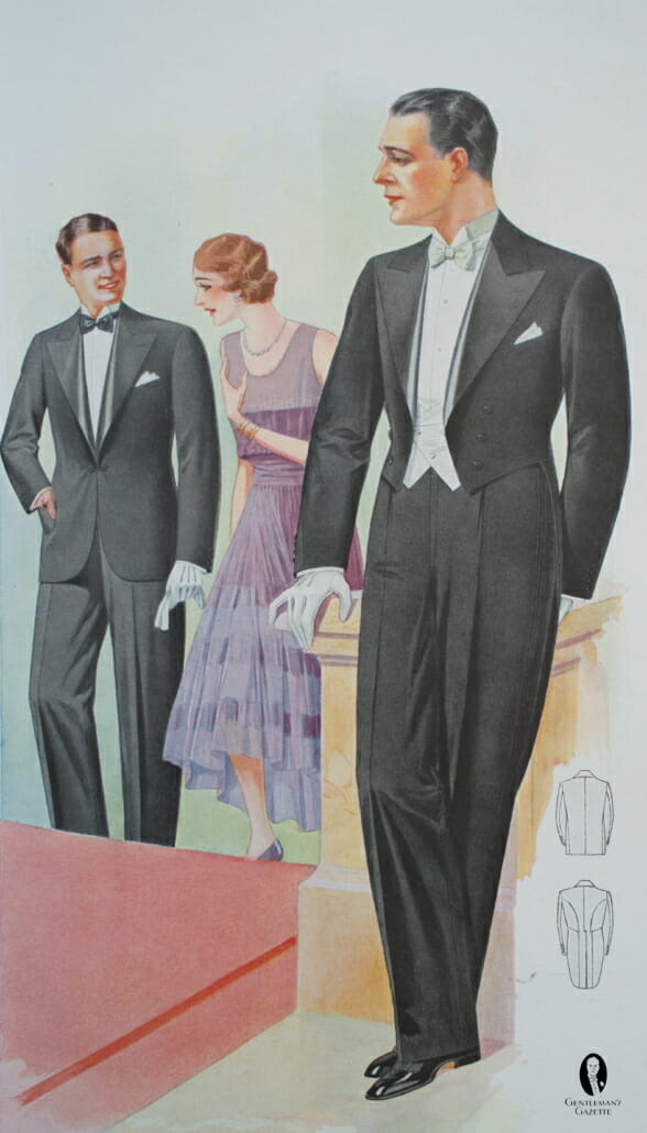 Ljeto 1930. London - bijele rukavice nose se u zatvorenom prostoru uz crnu kravatu i bijelu kravatu - obratite pozornost na dvostruko dugme na večernjem sakou s crnom kravatom i prsluk s 3 gumba na desnoj strani