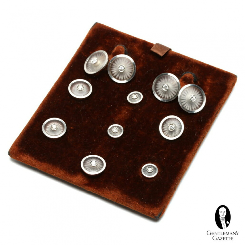 Art Deco set kompleta od kamenog kristala, platine i dijamanta s gumbima za manšete, nitnama i gumbima za prsluk od Krementza iz kolekcije Svena Raphaela Schneidera