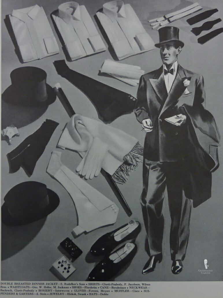 Acessórios Black Tie dos anos 30. Observe a cartola com um smoking DB, que foi tecnicamente incorreto pelo. Cartola foram feitas para fraques e chapéus mais curtos como o Homburg para jaquetas mais curtas