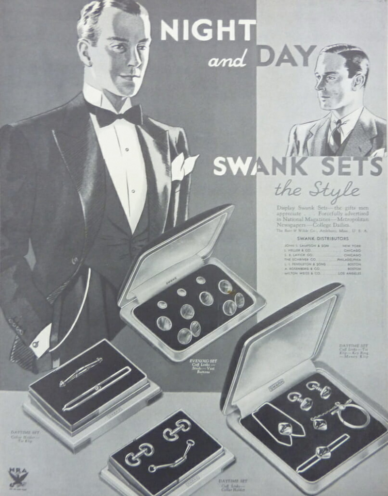Conjuntos de vestidos diurnos e noturnos Swank da década de 1930, abotoaduras e anúncio de barra de gravata