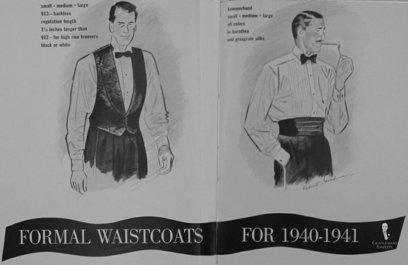 Vintage crno-bijela reklama iz 1940-ih prikazuje dva gospodina u crnoj kravati bez sakoa, jednog u crnom svečanom prsluku, a drugog s tamnim pojasom