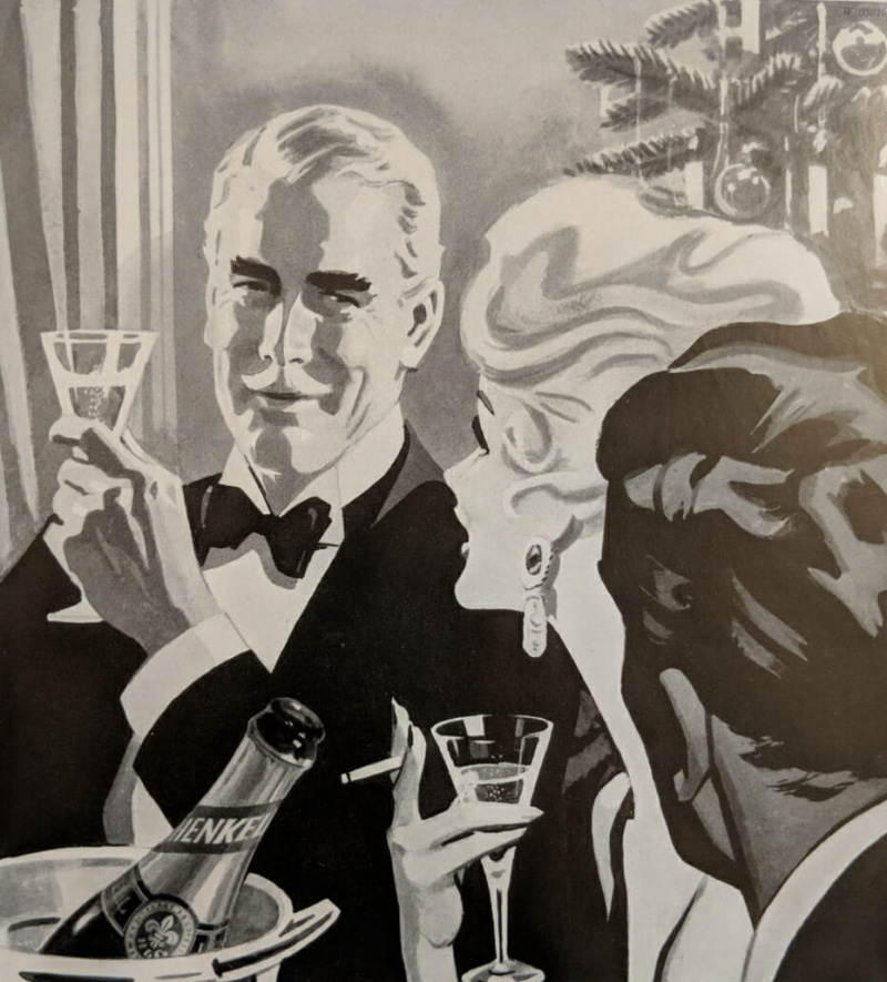 Annonce de la fin des années 1950 pour Henkel Trocken montrant un gentleman chevronné dans une chemise à col cassé et une cravate noire qui est plutôt du début des années 1940