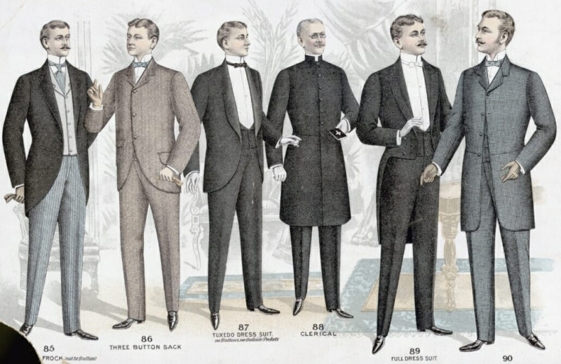 Vários estilos de vestido na década de 1890, incluindo vestido de manhã, gravata preta, gravata branca, ternos de salão e trajes clericais. O novo estilo de smoking pode ser visto a partir da esquerda.