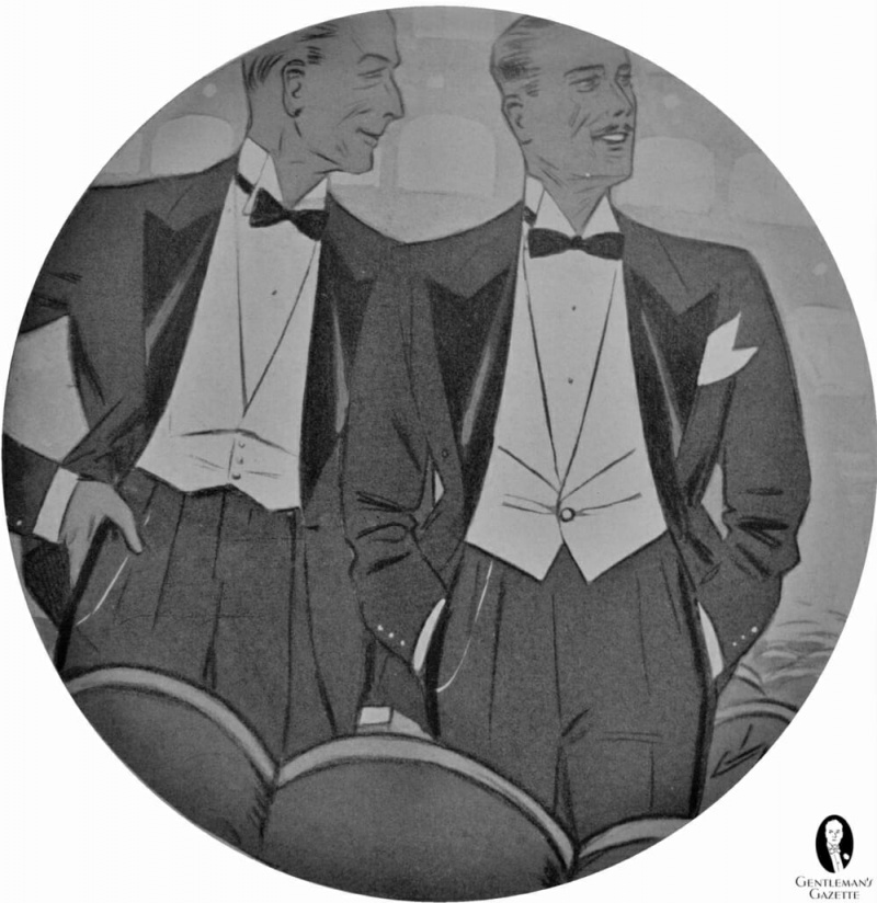 Prije učvršćivanja pravila odijevanja Black Tie 1930-ih, bijeli svečani prsluk obično se nosio s večernjim sakoima.